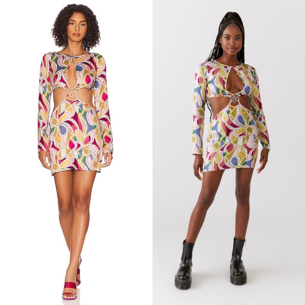 For Love & Lemons Thora Long Sleeve Mini Dress Floral Cutout Retro Resort Party